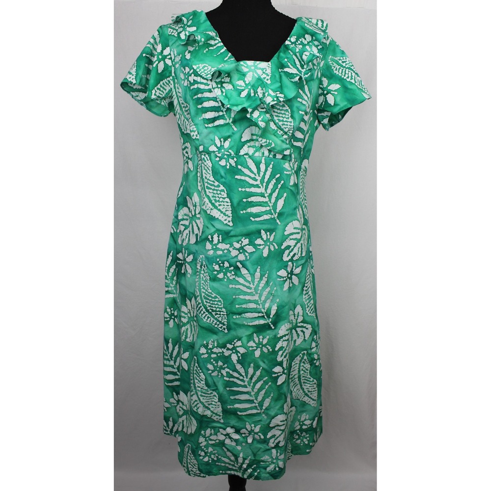 Vintage Green White Tropical Batik‎ Ruffle Neck Midi Dress Short Sleeve Summer M